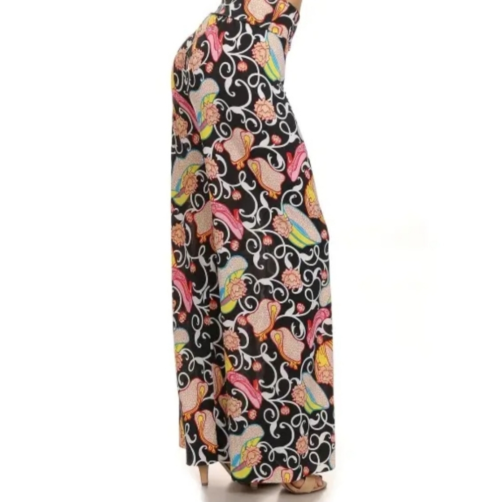 Yelete Black Wide Leg Palazzo Pants with Pink, Yellow & Green Paisley Print